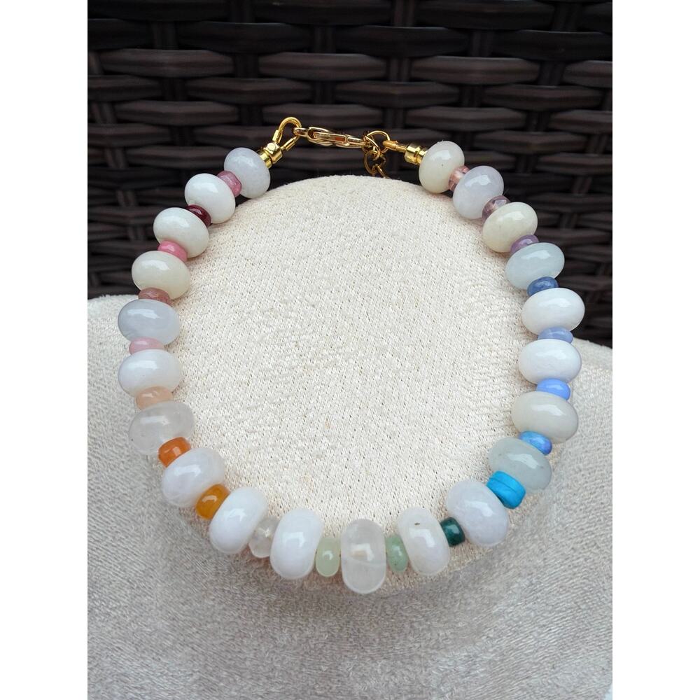 7-9" Ombre Rainbow Gemstone Bracelet, Milky Quartz, Tourmaline, Amethyst